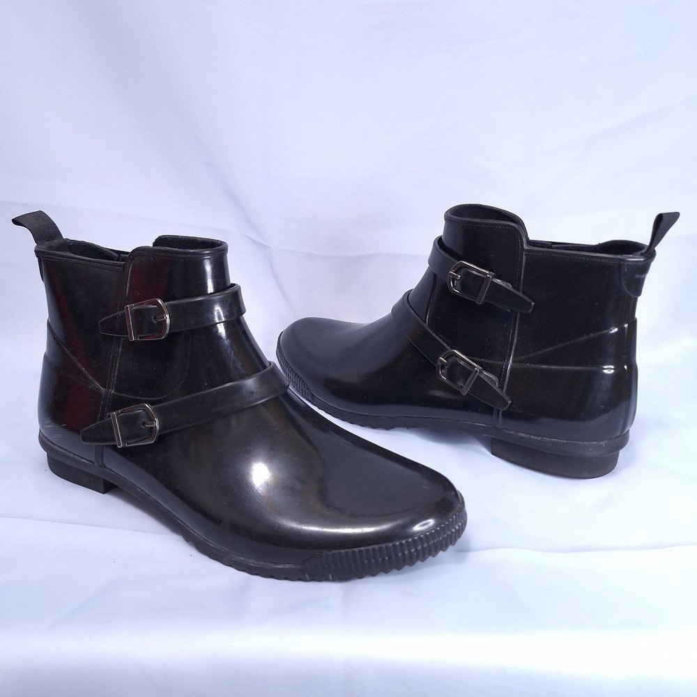 Cougar‎ Black Rubber Ankle Chelsea Rain Boots Women 8 Glossy Buckle Waterproof